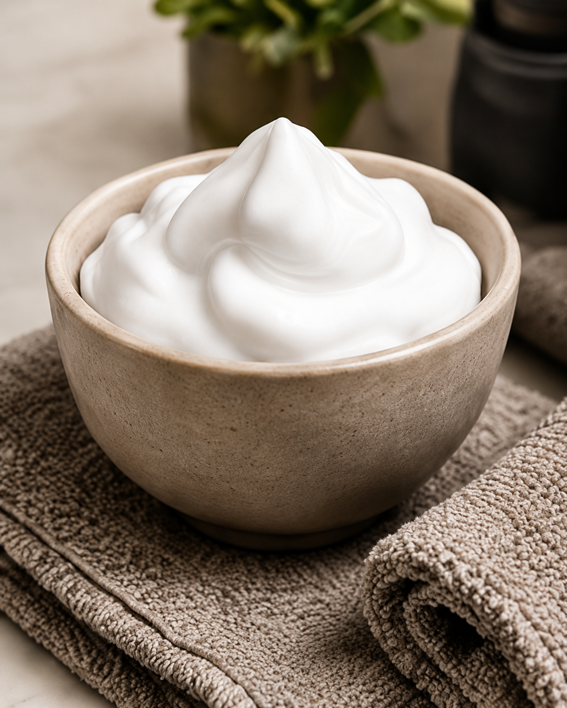 Espuma de afeitar en un recipiente, preparada para el cuidado de la piel